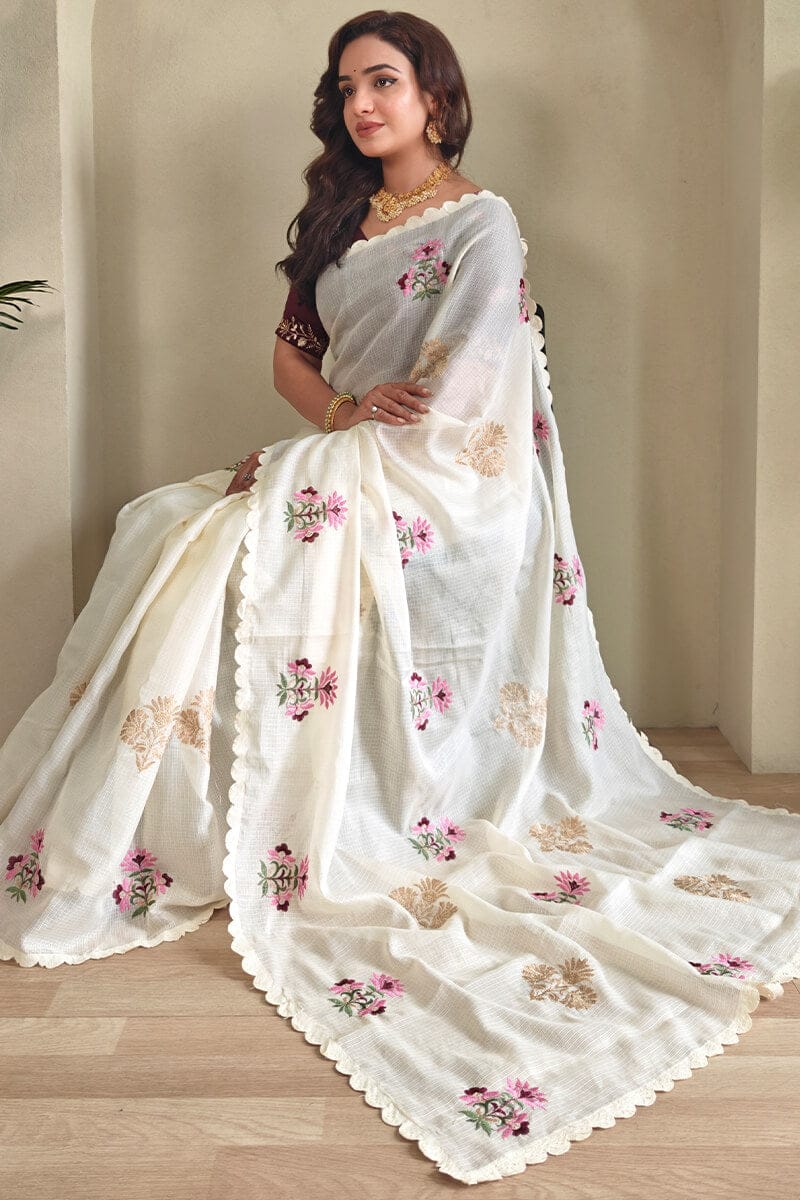 White Cream Color Beautiful Kota Cotton Fabric Saree
