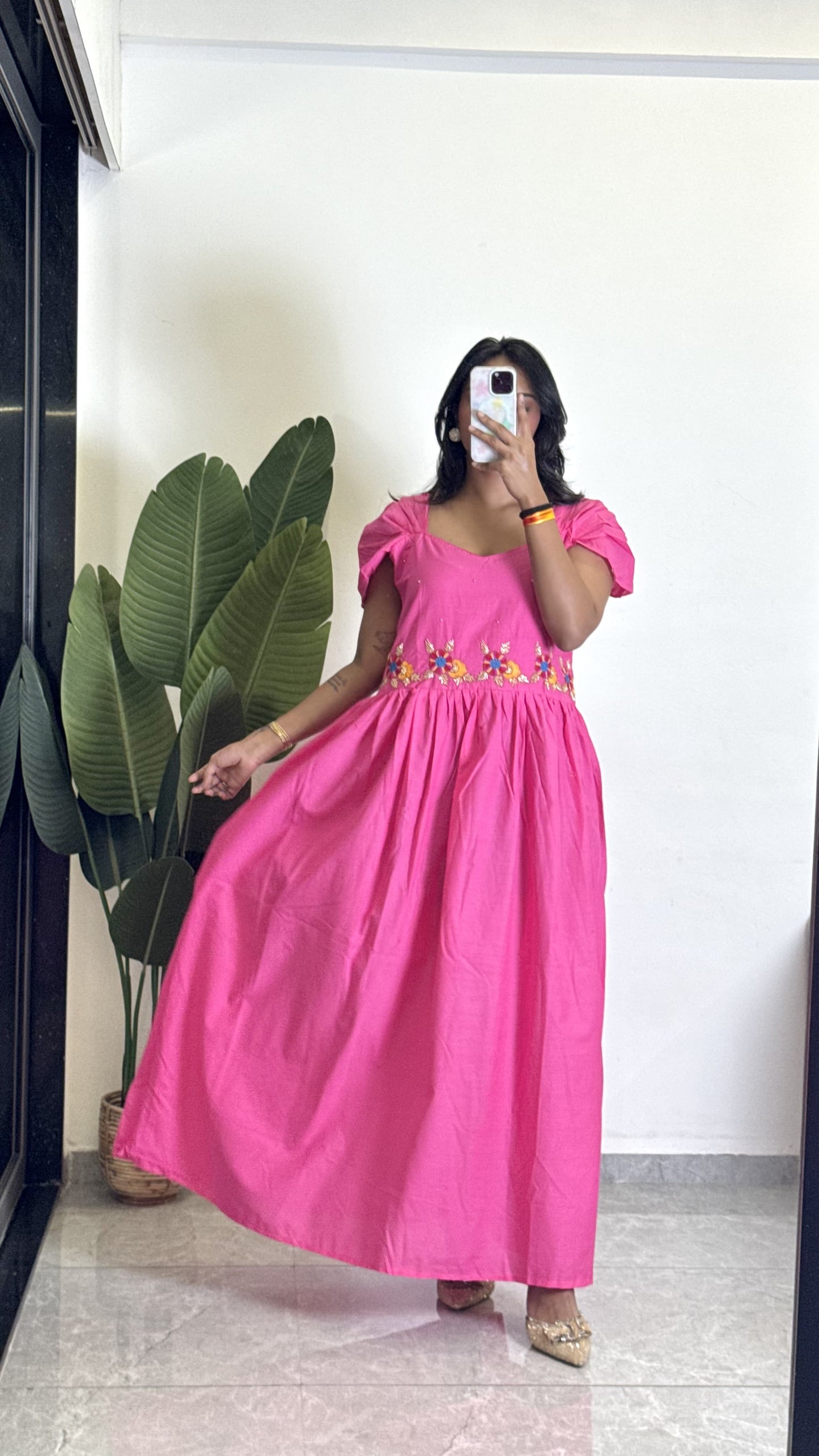 Pink Color Beauitful Gown in mul cotton fabric