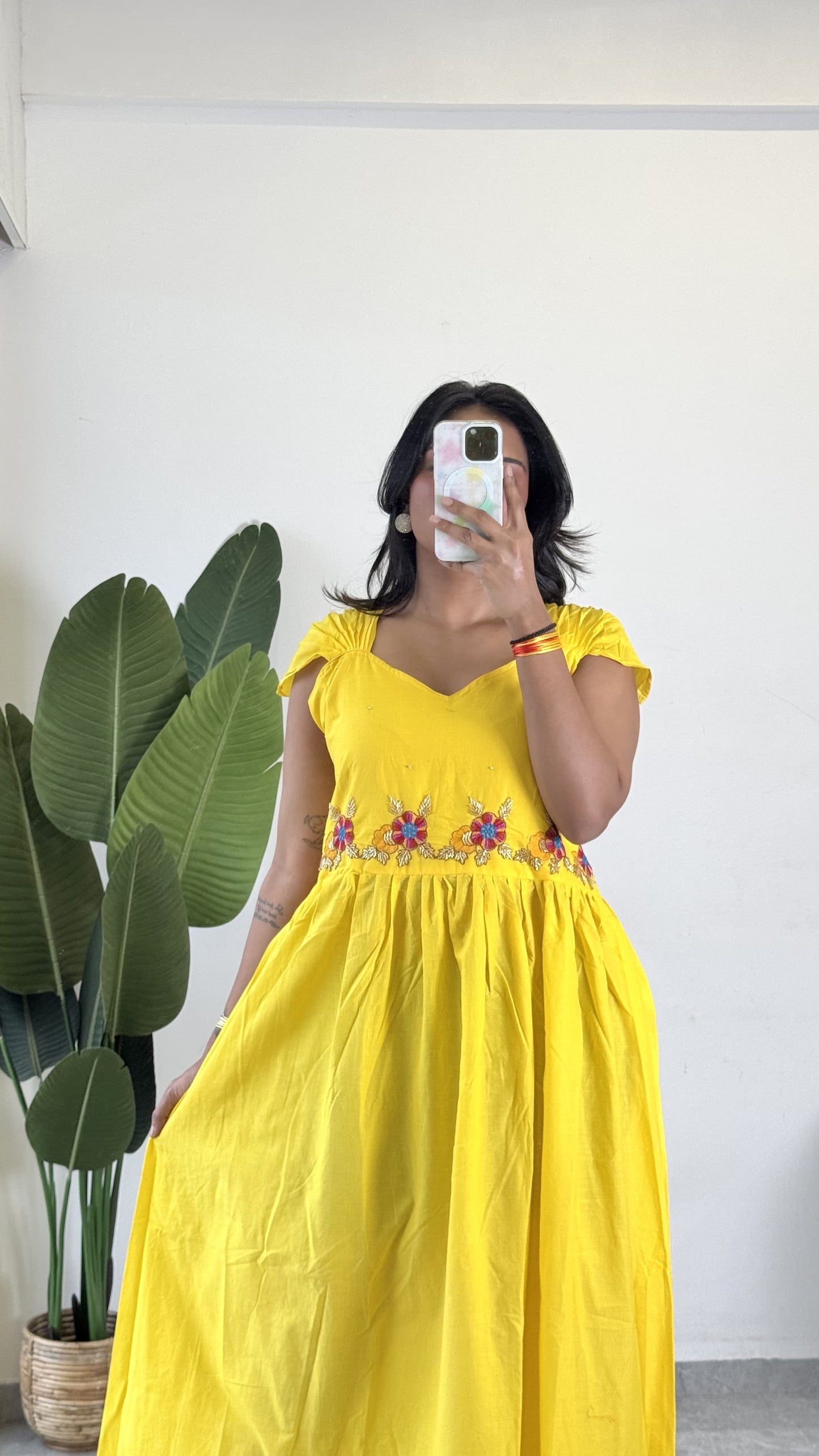 Yellow Color Beauitful Gown in mul cotton fabric