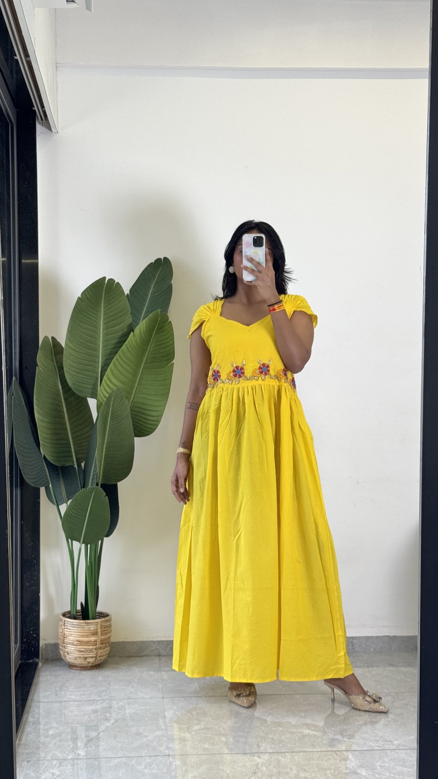 Yellow Color Beauitful Gown in mul cotton fabric