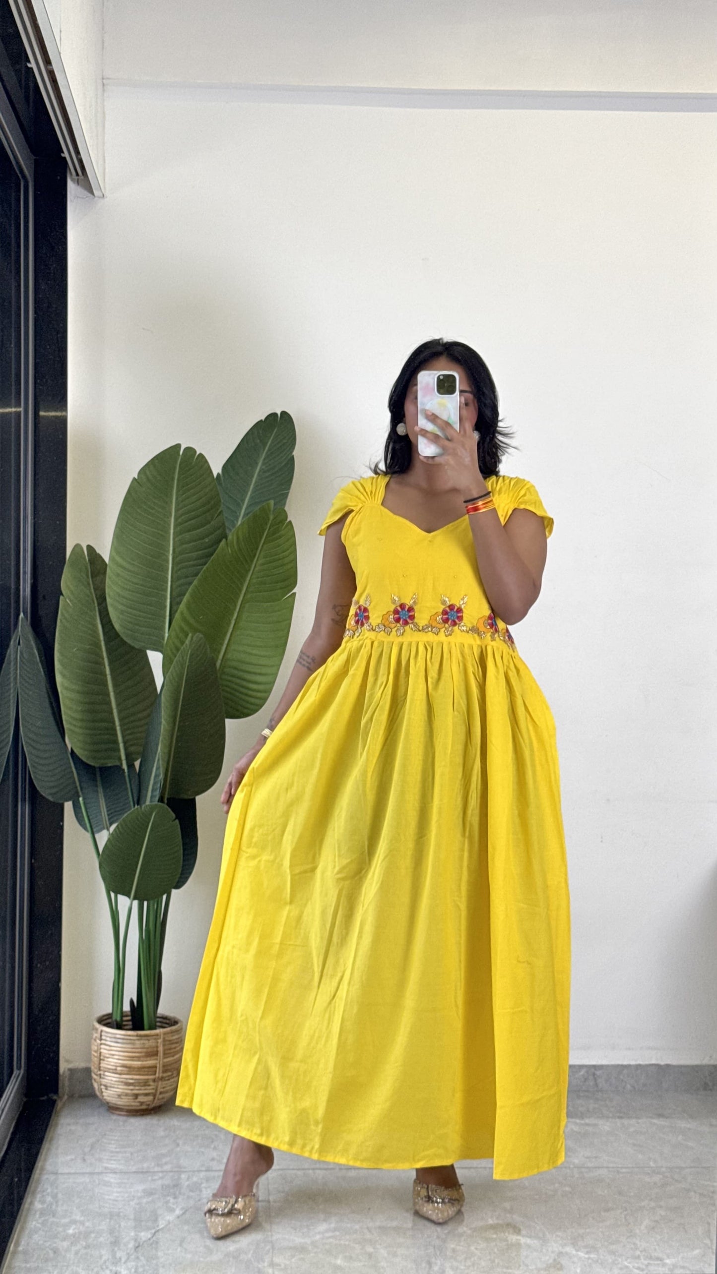 Yellow Color Beauitful Gown in mul cotton fabric