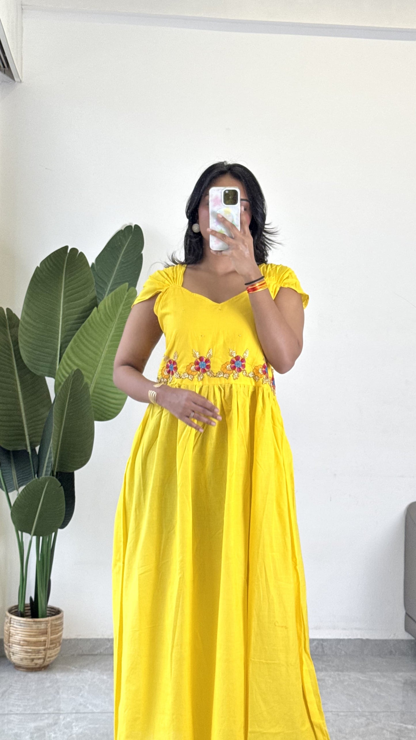 Yellow Color Beauitful Gown in mul cotton fabric