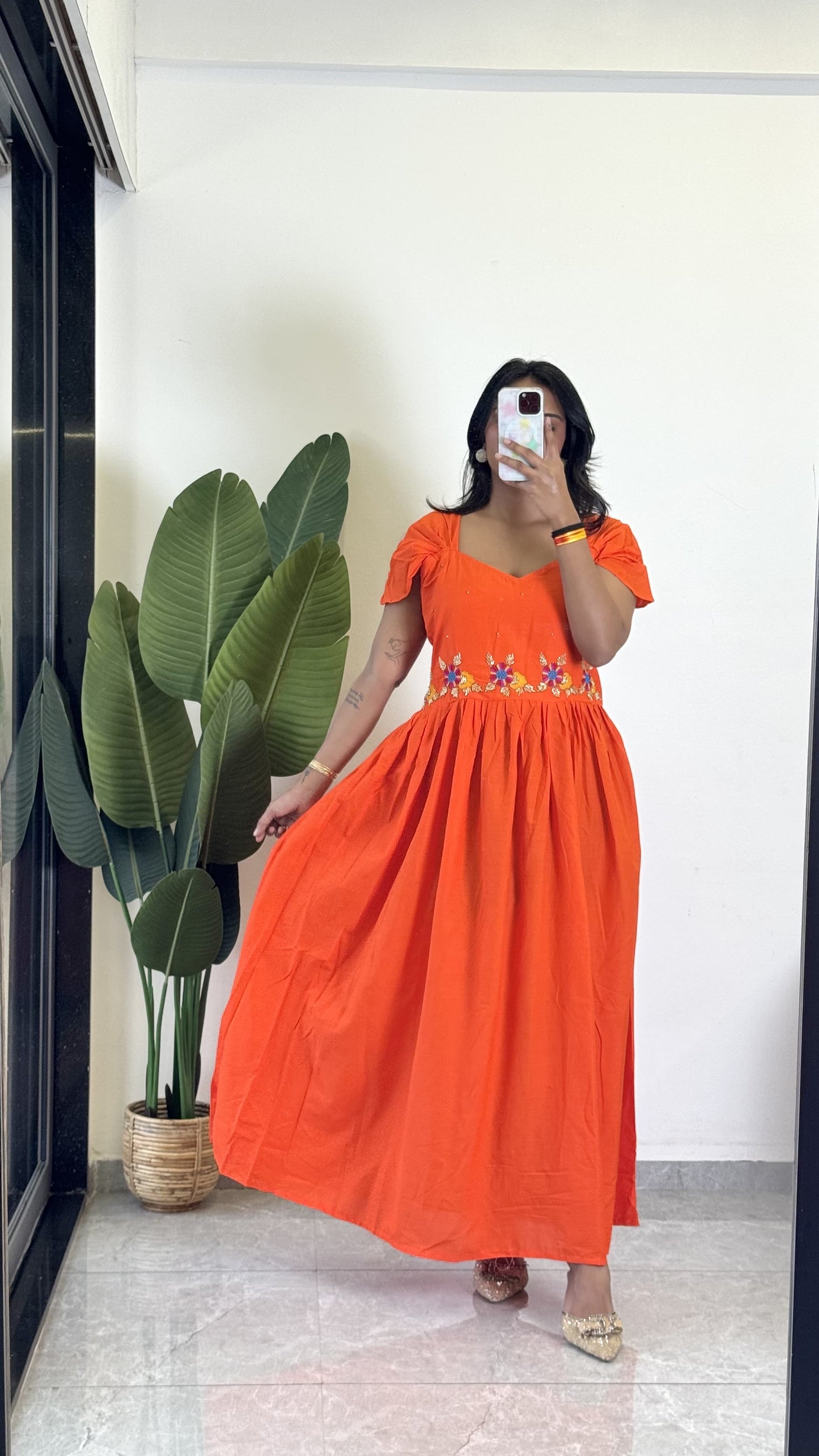 Orange Color Beauitful Gown in mul cotton fabric