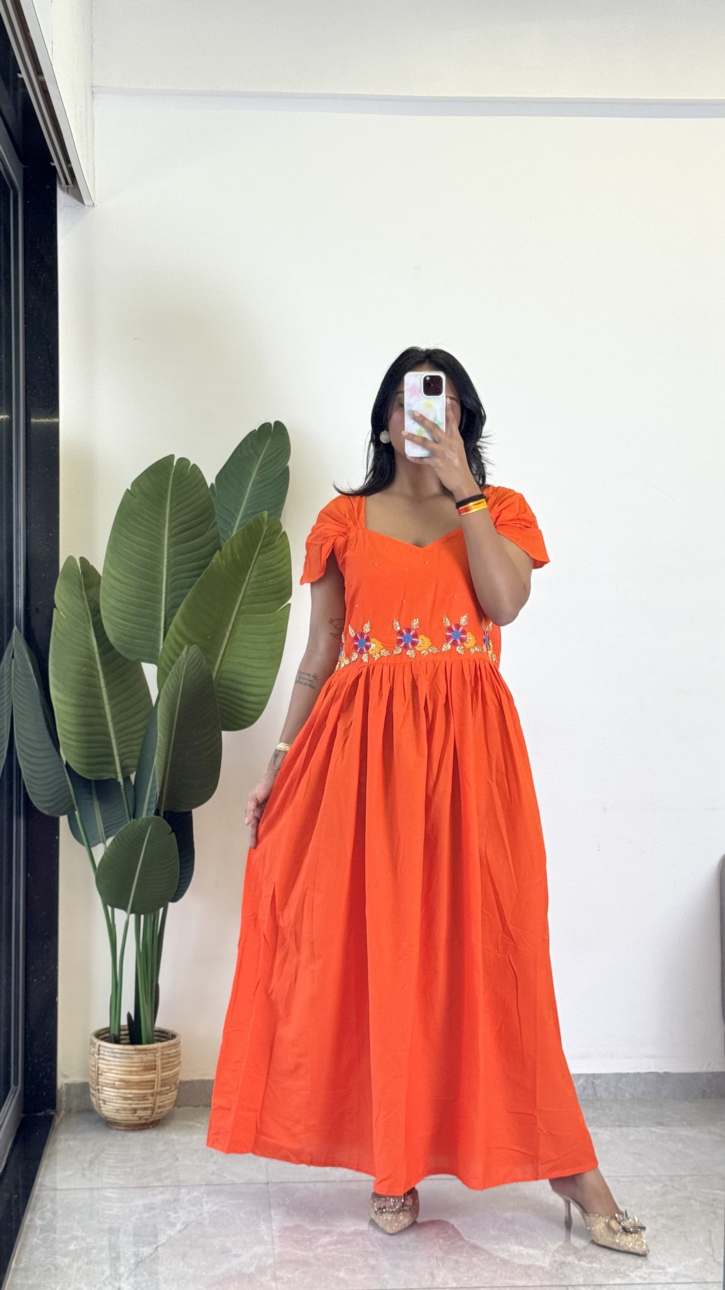 Orange Color Beauitful Gown in mul cotton fabric