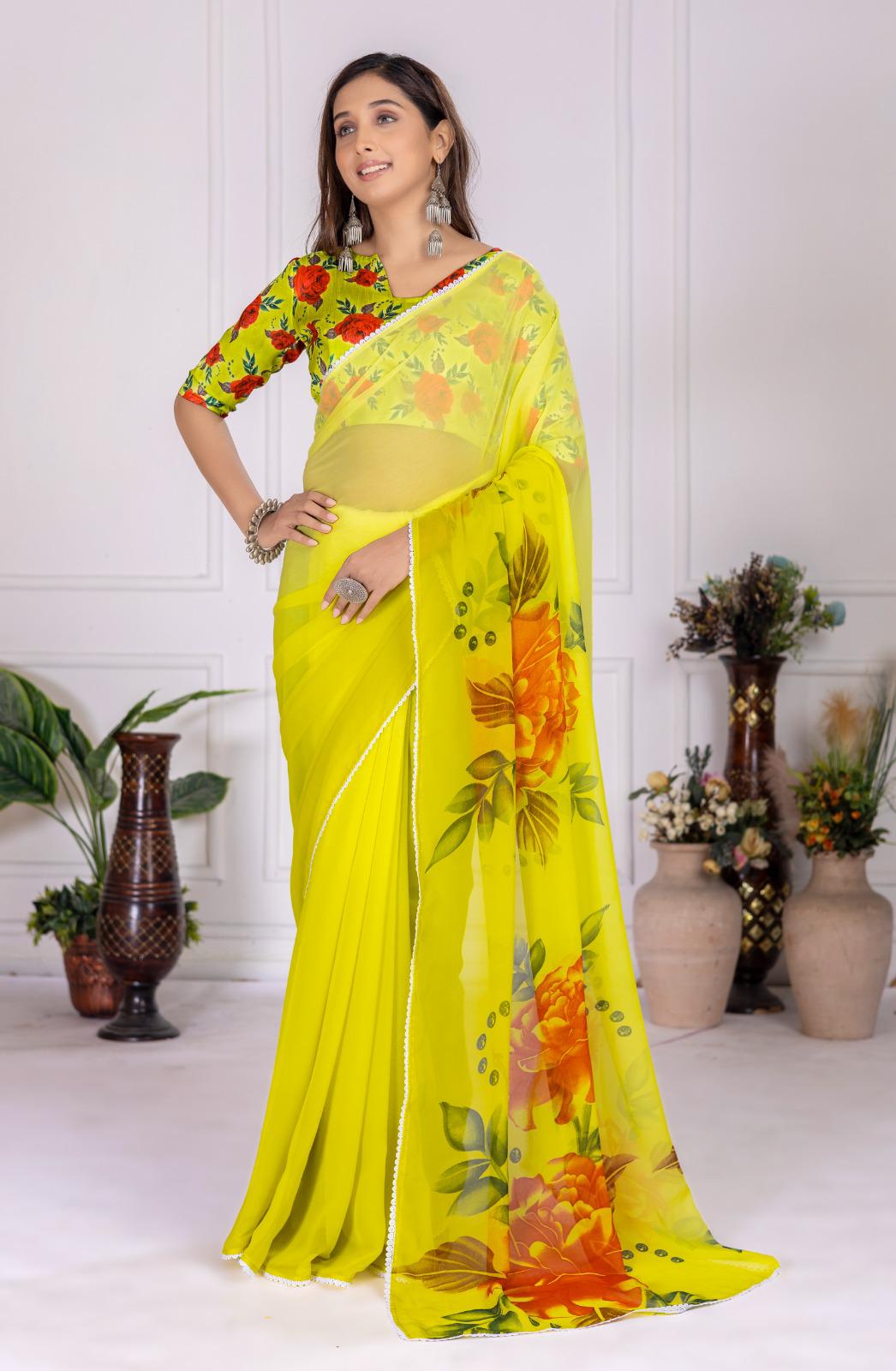 Lemon Yellow Color Saree in Georgette FAbric