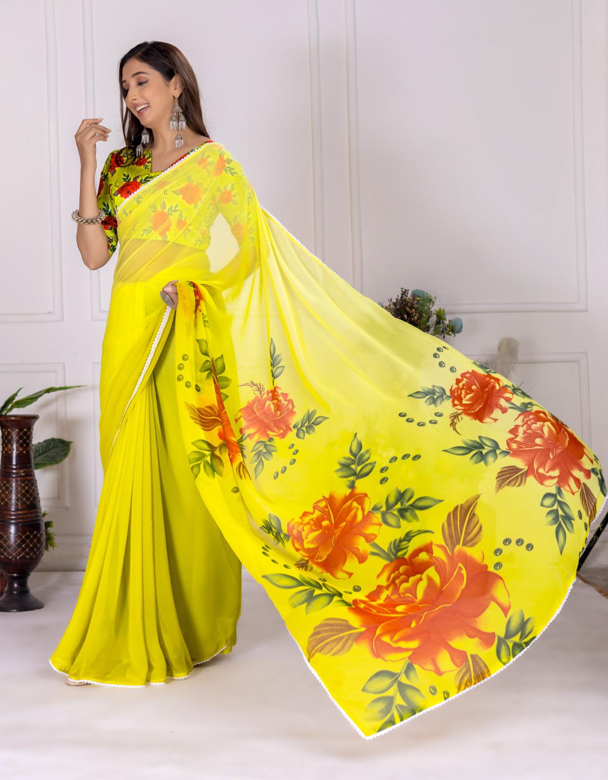 Lemon Yellow Color Saree in Georgette FAbric