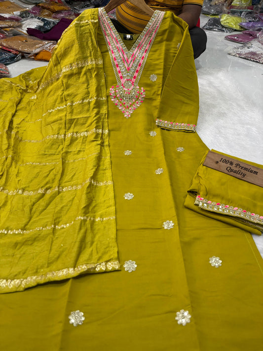 Daily Wear Dress in Roman Silk Fabric in mehandi color