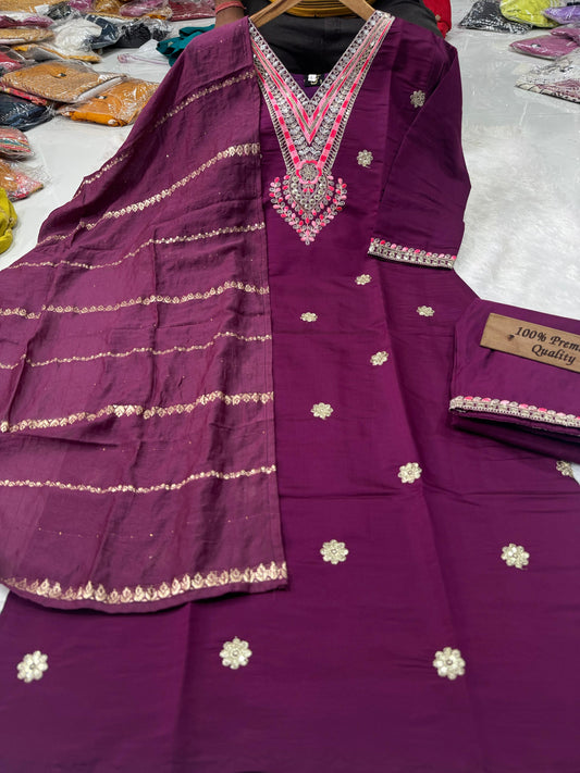 Daily Wear Dress in Roman Silk Fabric in maroon color