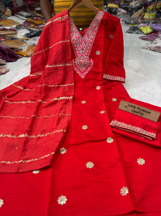 Daily Wear Dress in Roman Silk Fabric in red color