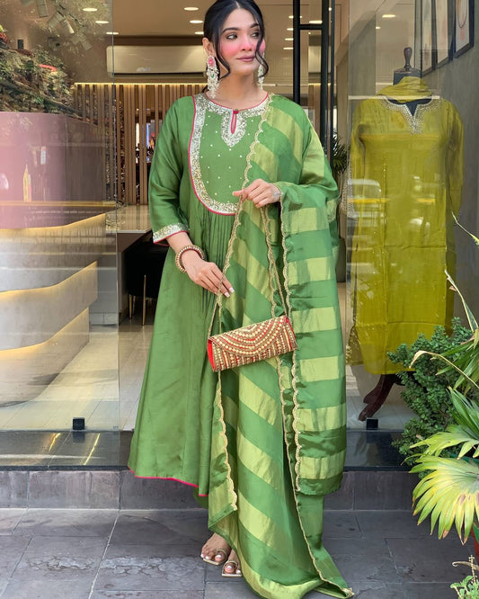 Green Color Beautiful Roman Silk Suit For Daily Wear Use