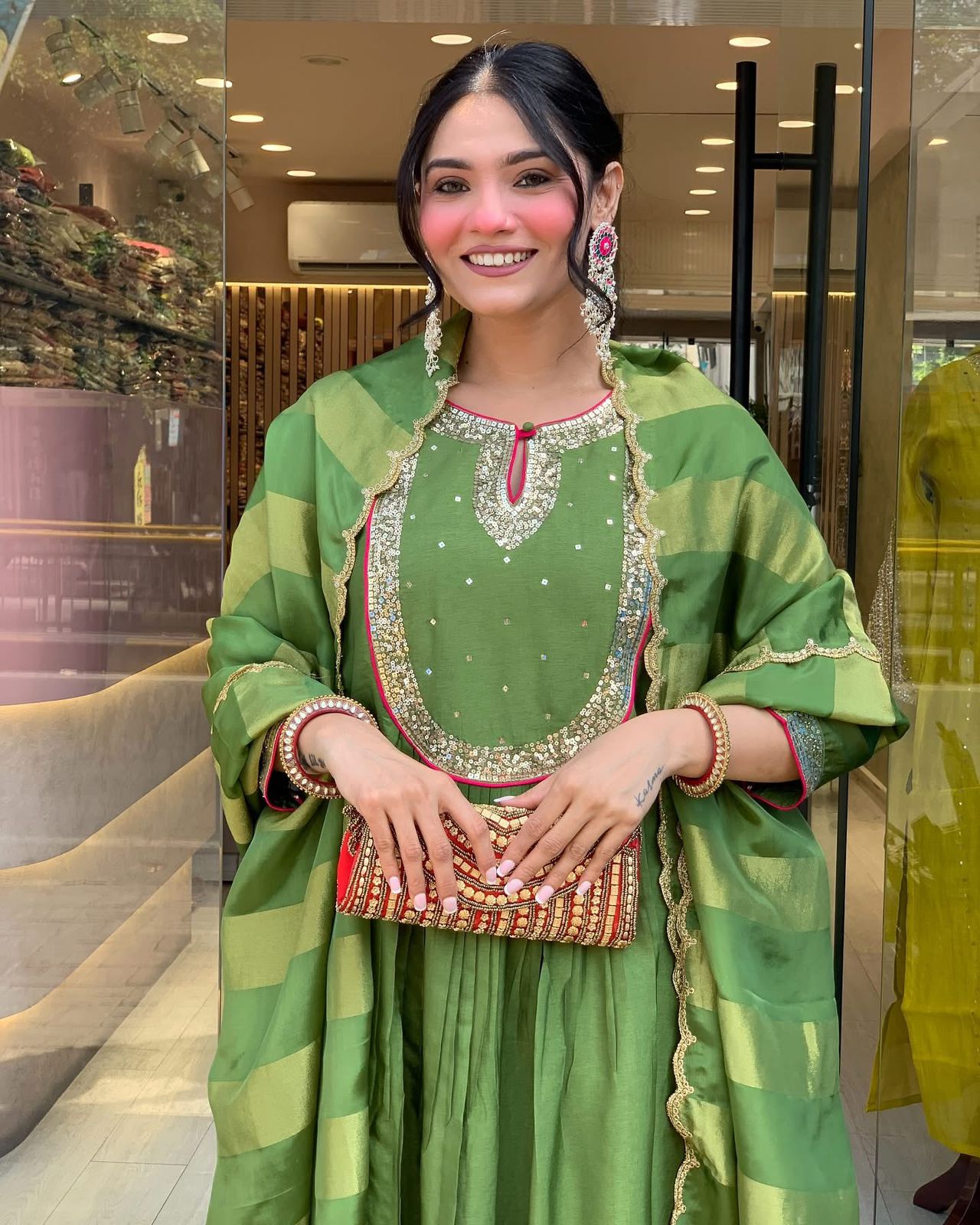 Green Color Beautiful Roman Silk Suit For Daily Wear Use