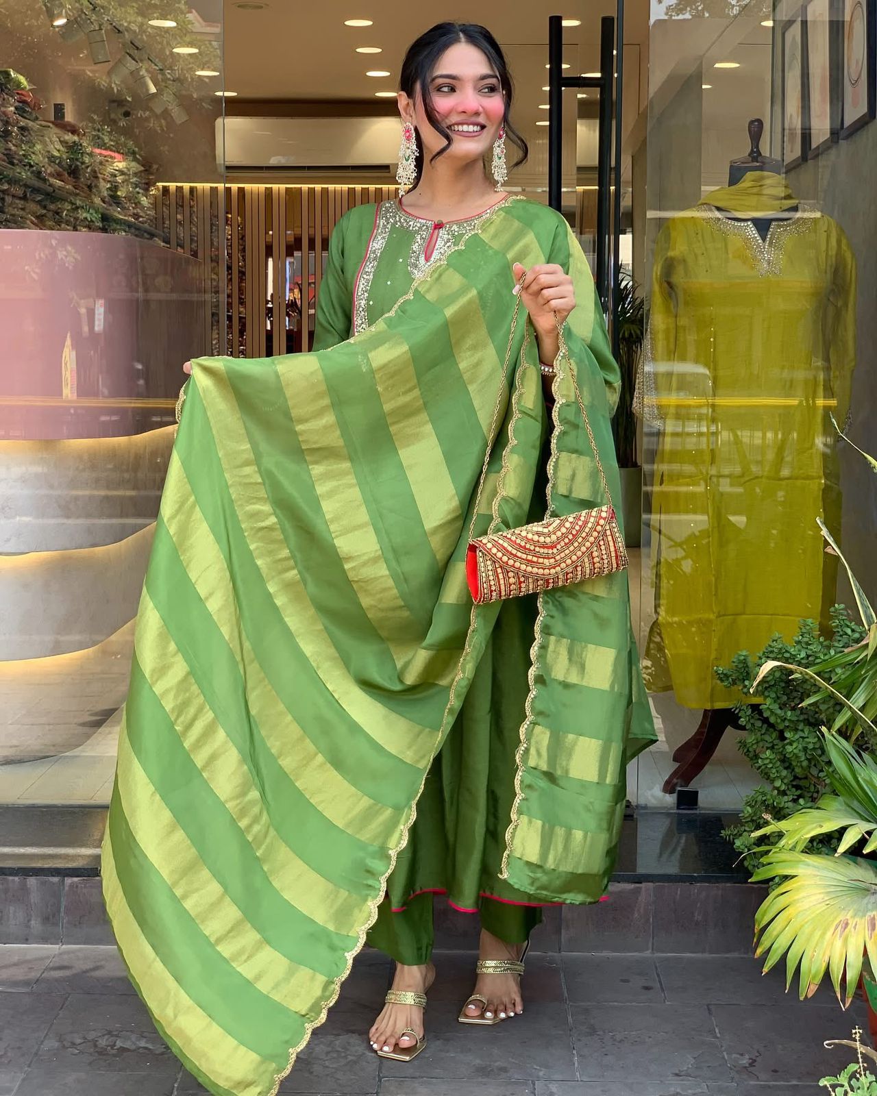 Green Color Beautiful Roman Silk Suit For Daily Wear Use