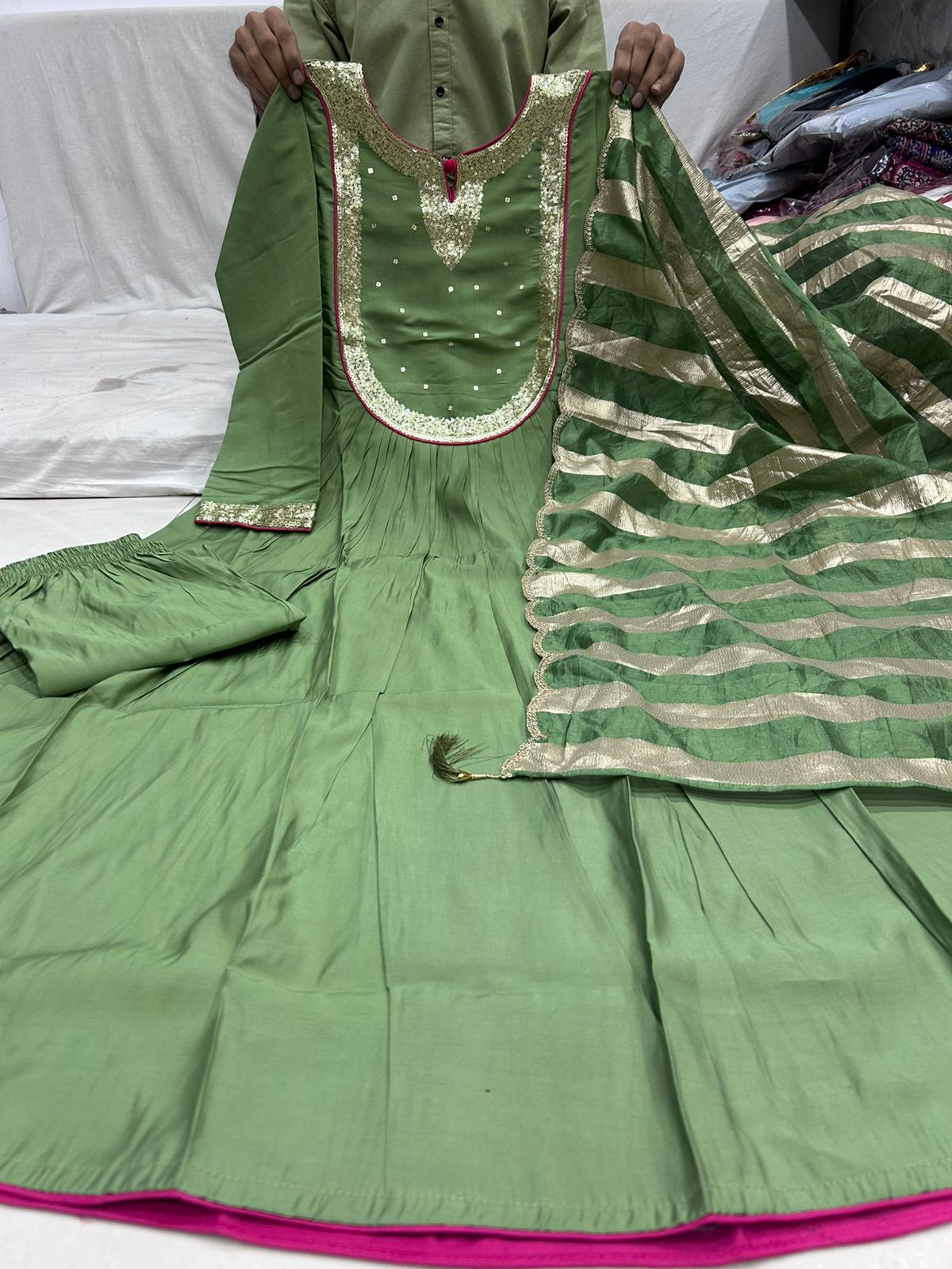 Green Color Beautiful Roman Silk Suit For Daily Wear Use