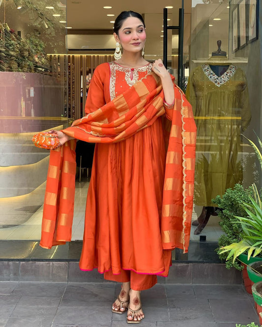 Orange Color Beautiful Roman Silk Suit For Daily Wear Use