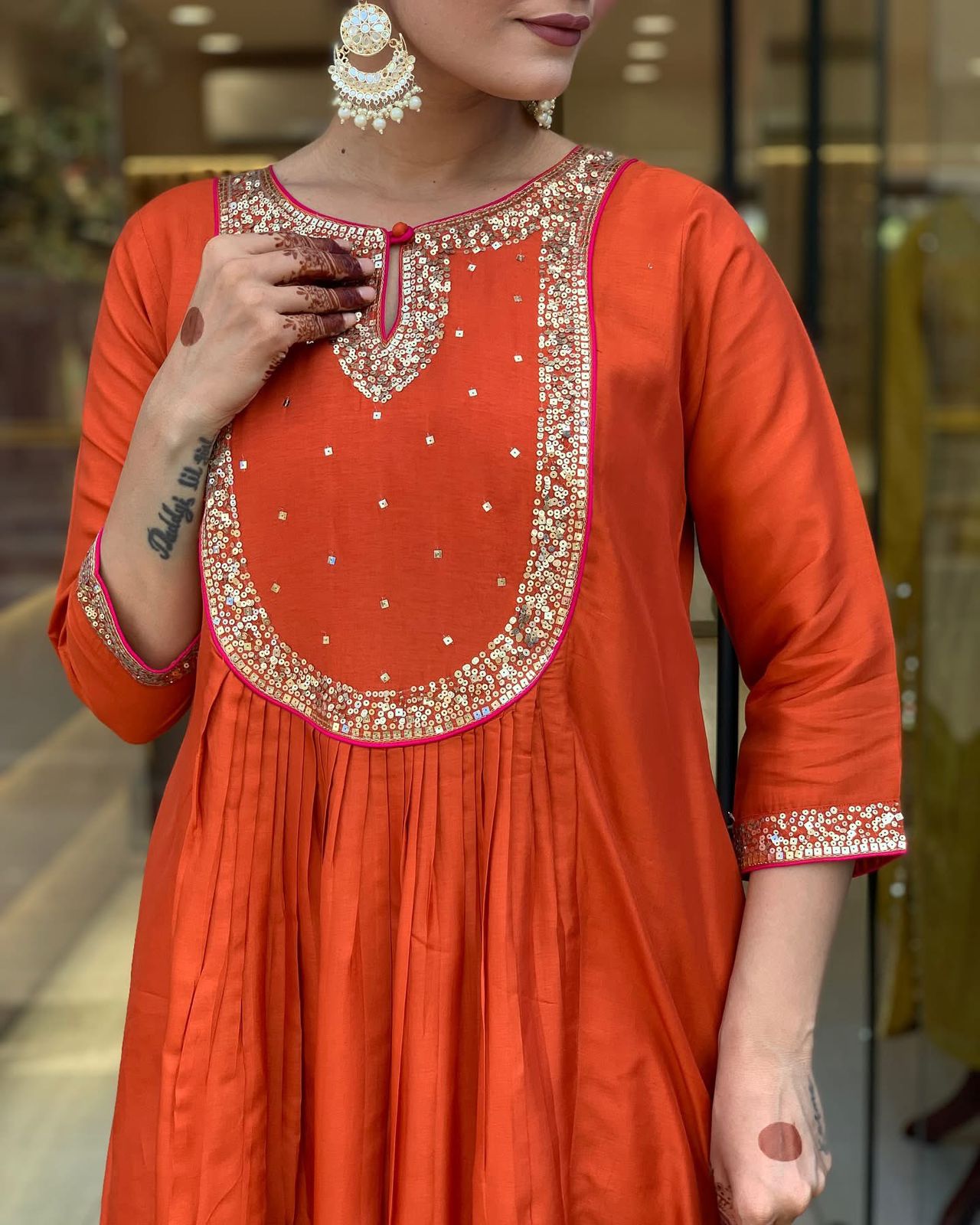 Orange Color Beautiful Roman Silk Suit For Daily Wear Use
