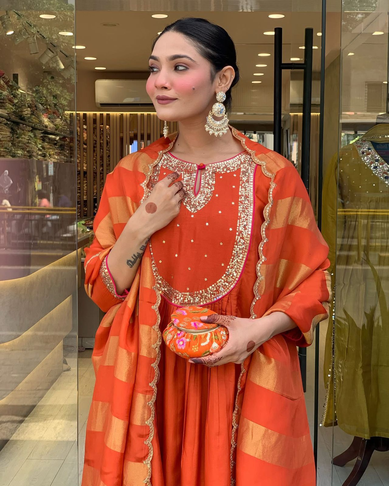 Orange Color Beautiful Roman Silk Suit For Daily Wear Use