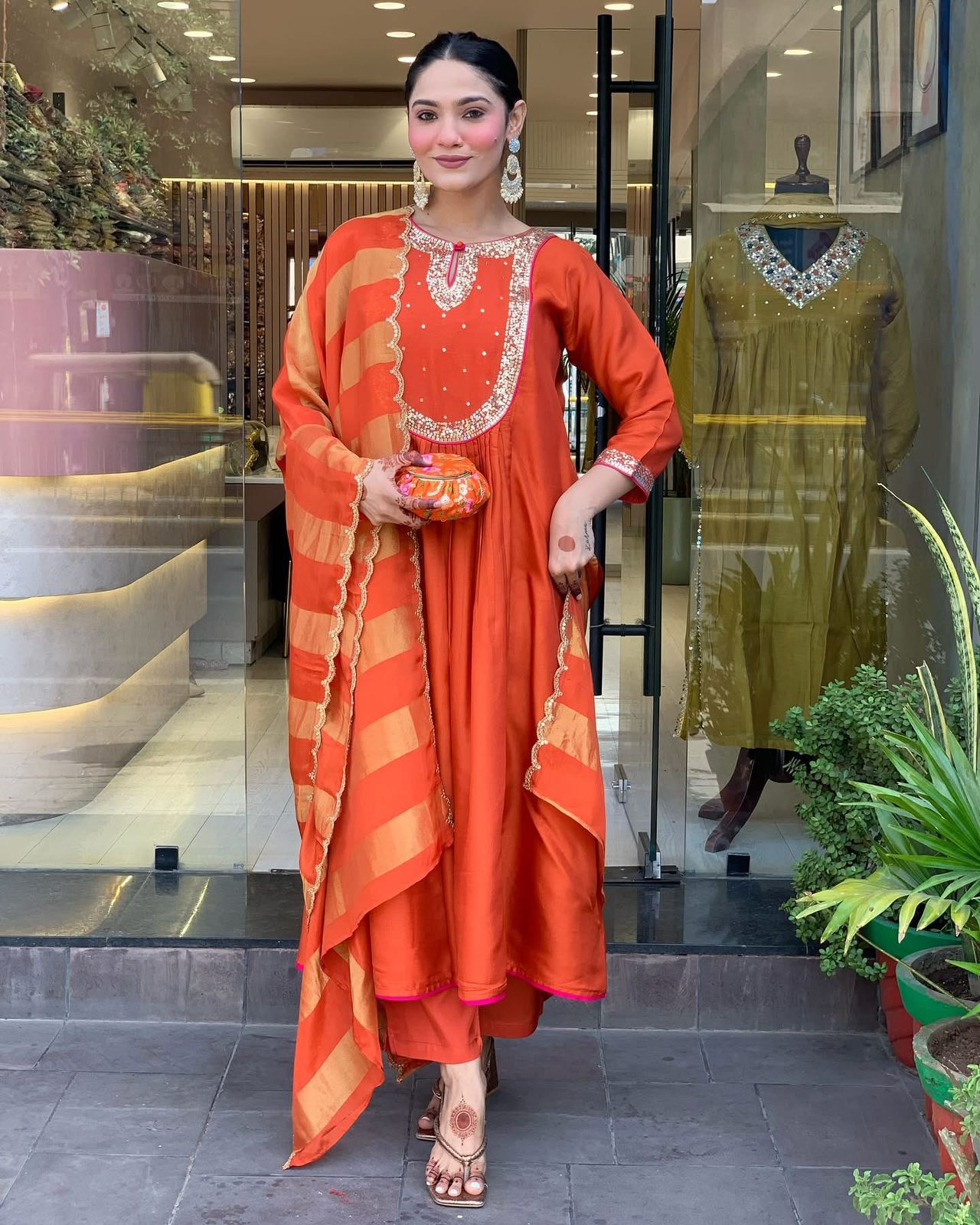 Orange Color Beautiful Roman Silk Suit For Daily Wear Use