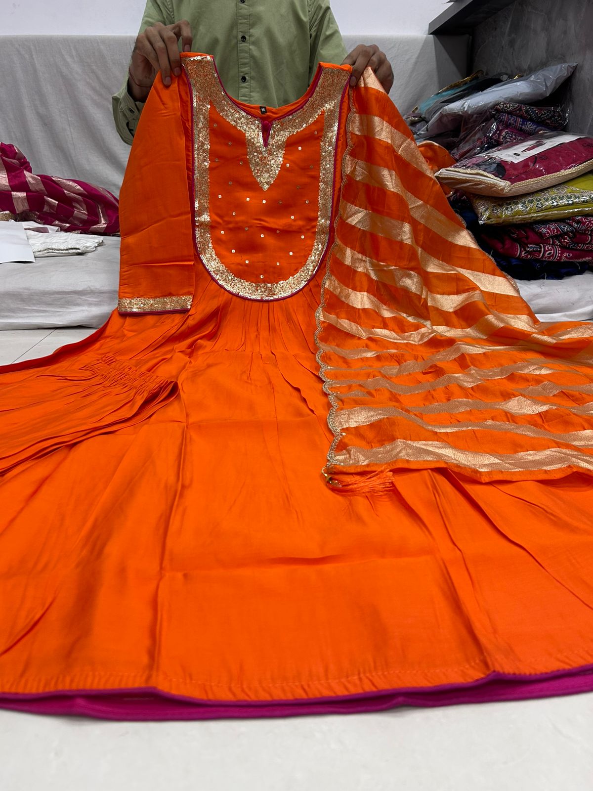 Orange Color Beautiful Roman Silk Suit For Daily Wear Use