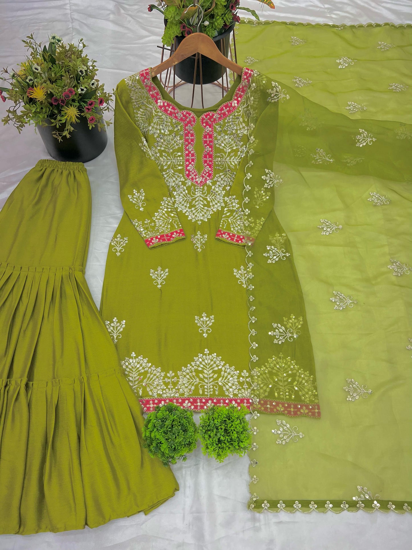 Embroidery Sequence Work Top-Gharara And Dupatta Set Fully Stitched