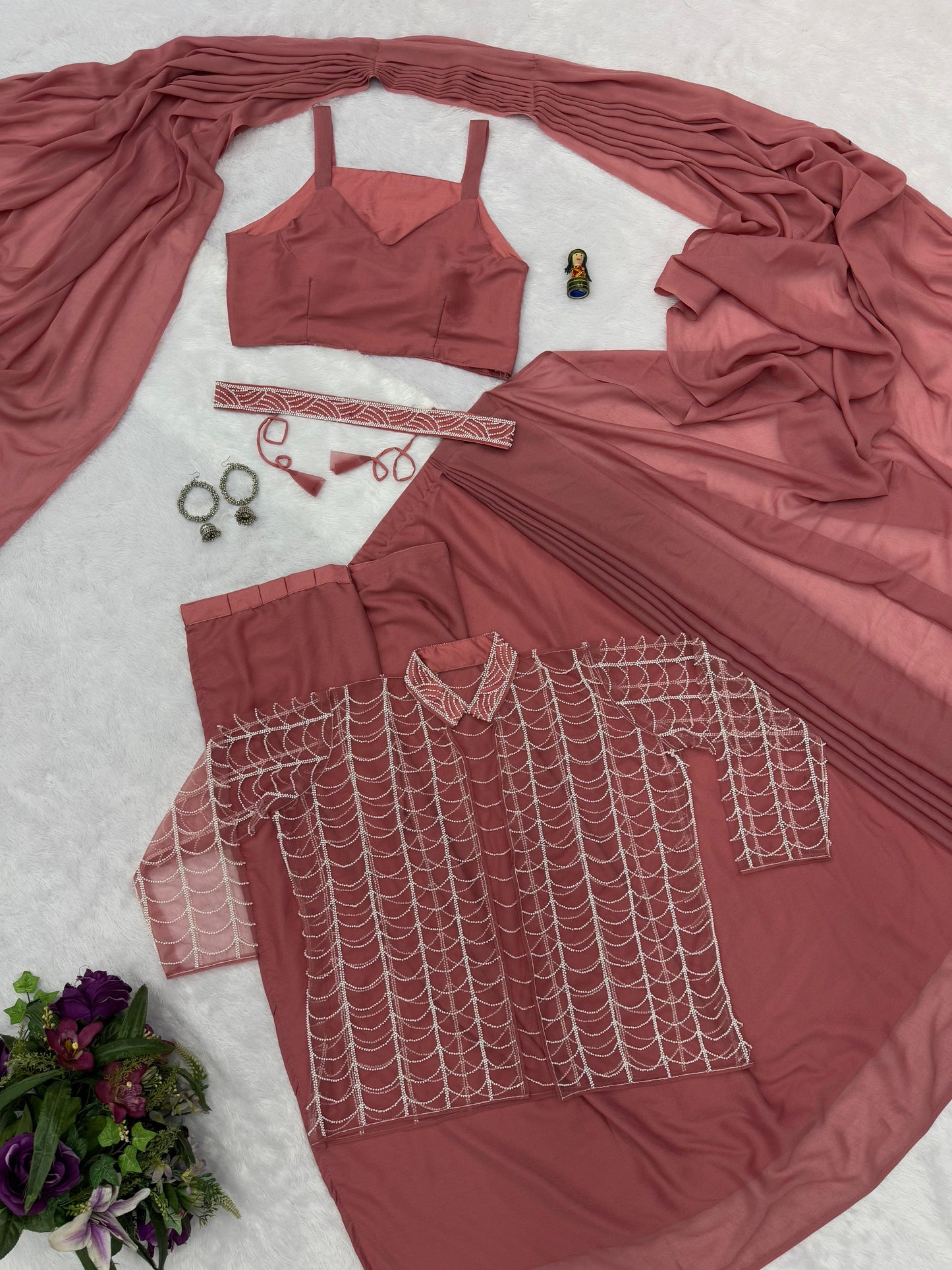 Indo-Western Ready To Wear Saree With Fully Cut-Dana Hand Work Koti On Georgette Fabric With Stitch Blouse
