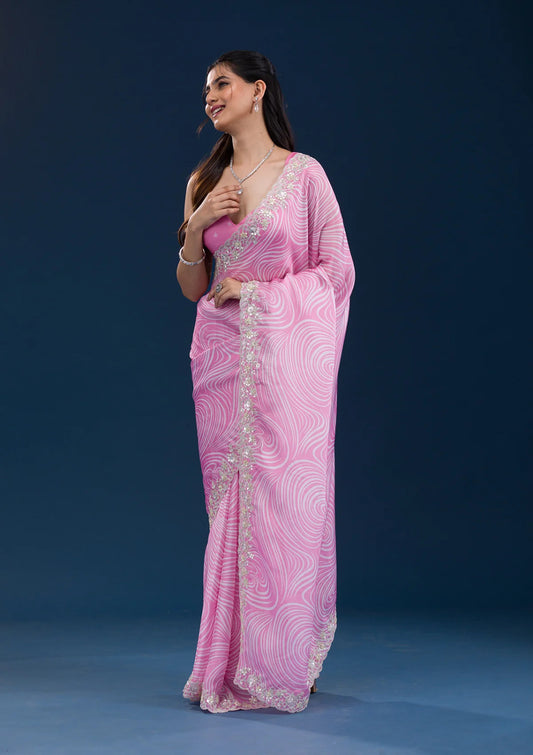 Pink Color Beautiful Partywear Georgette Saree