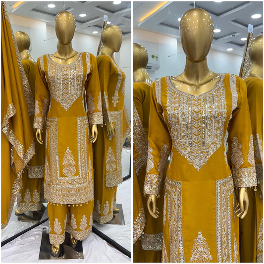 Yellow Color Beautiful Partywear Dress in Chinon Fabric