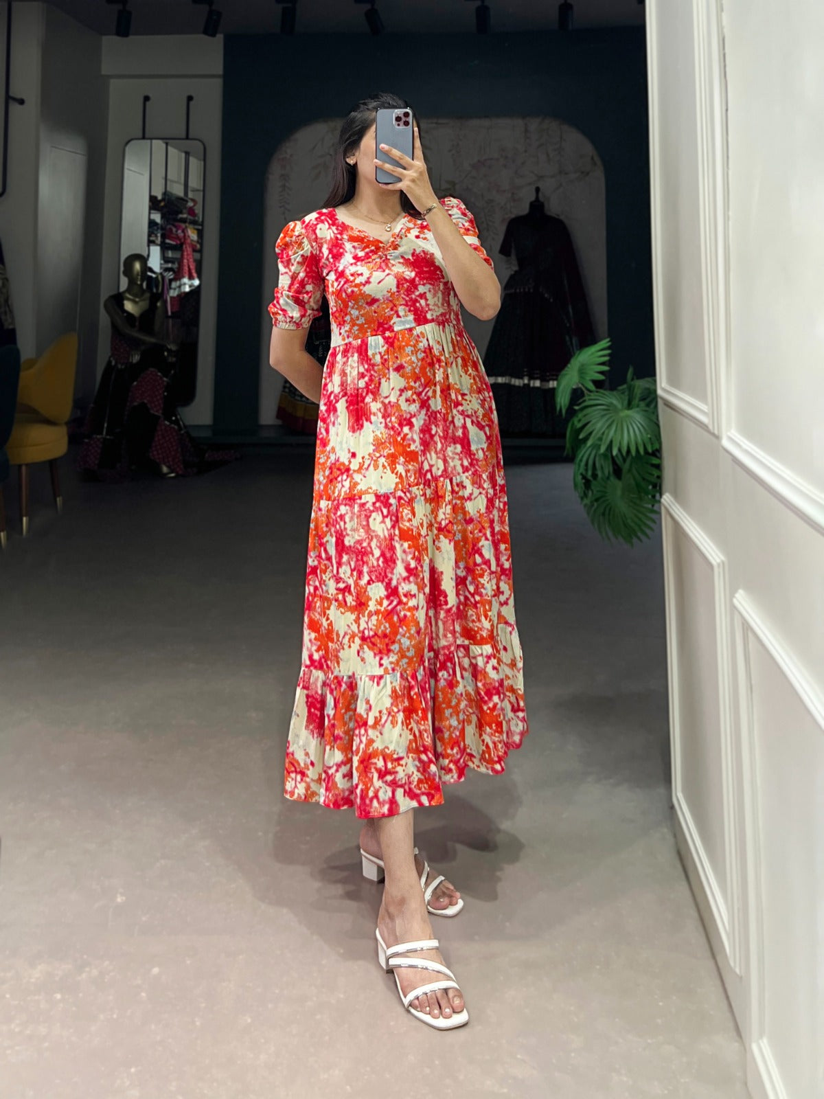 Designer Flower Print Frock In Rayon Fabric