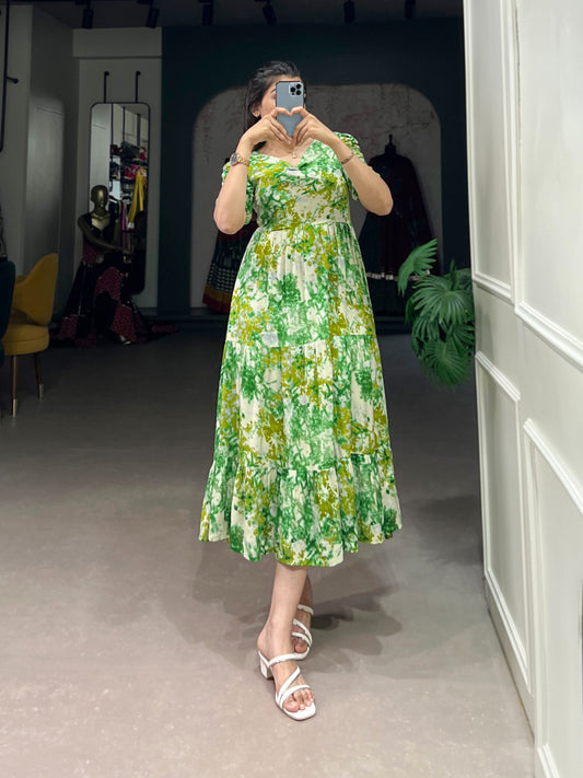 Designer Flower Print Frock In Rayon Fabric in green color