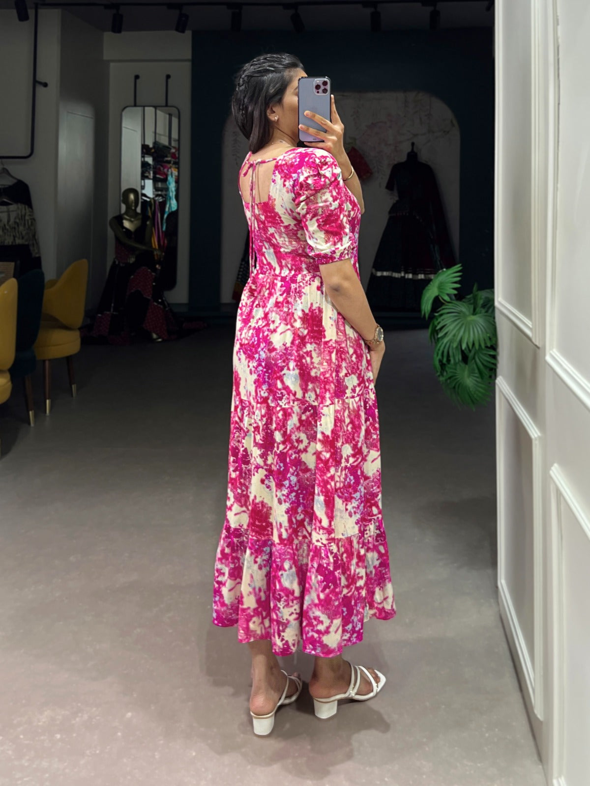 Designer Flower Print Frock In Rayon Fabric in pink color