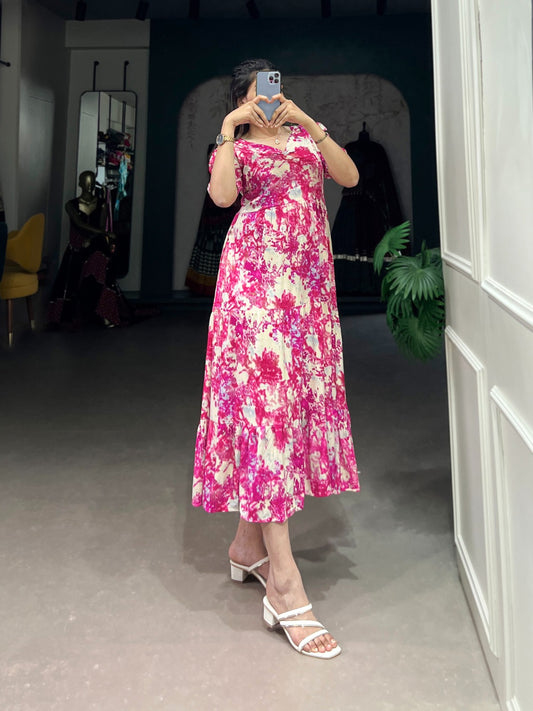 Designer Flower Print Frock In Rayon Fabric in pink color