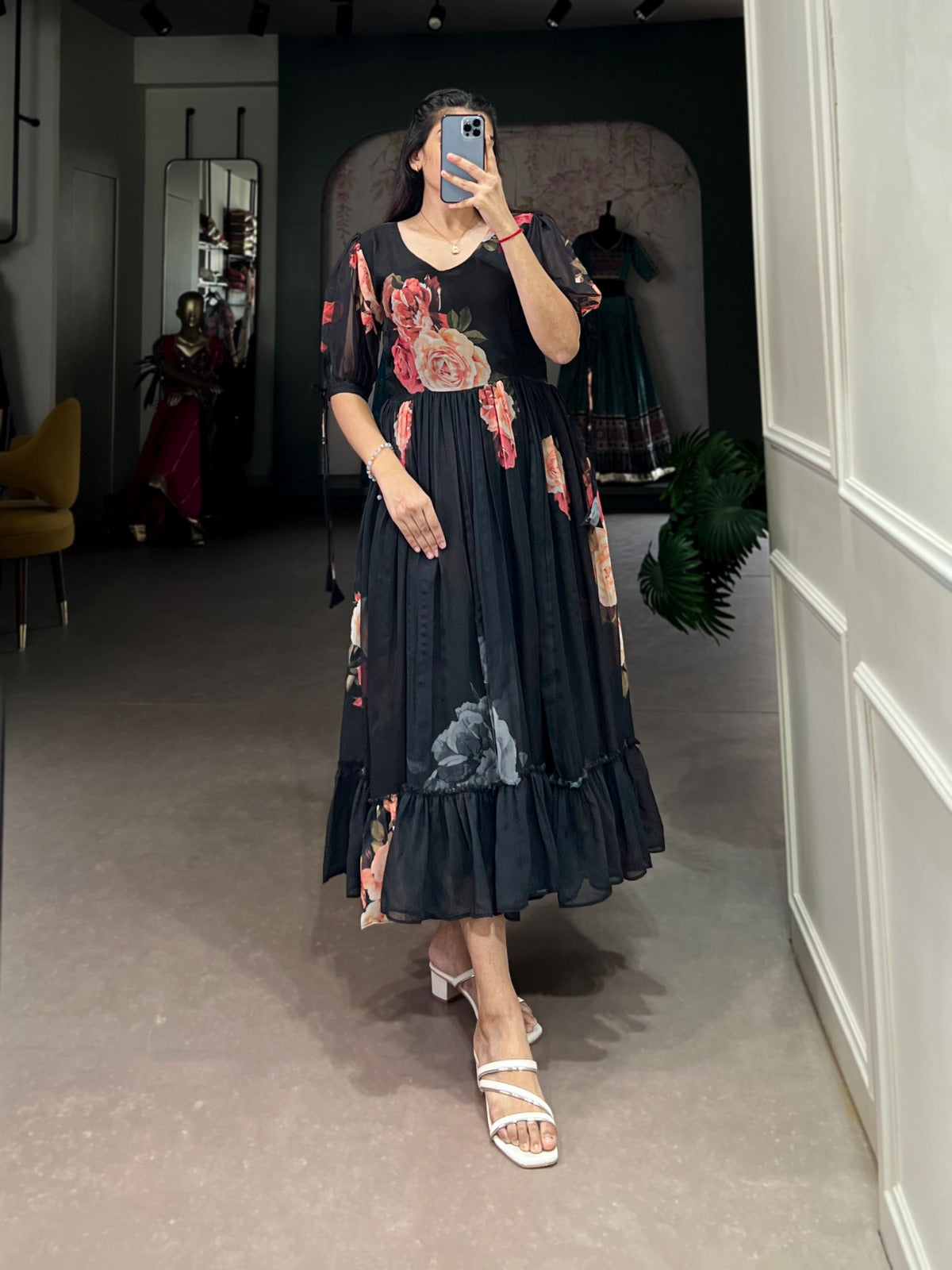 Summer Wear Frock in Georgette Fabric with 8 meter flair in black