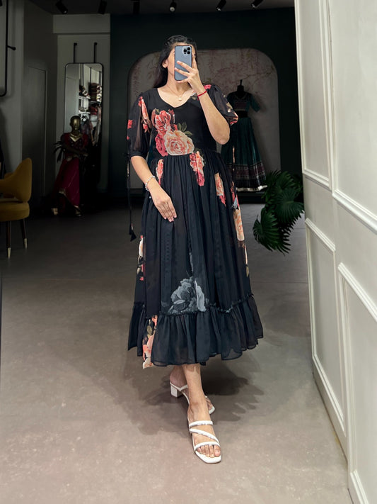 Summer Wear Frock in Georgette Fabric with 8 meter flair in black