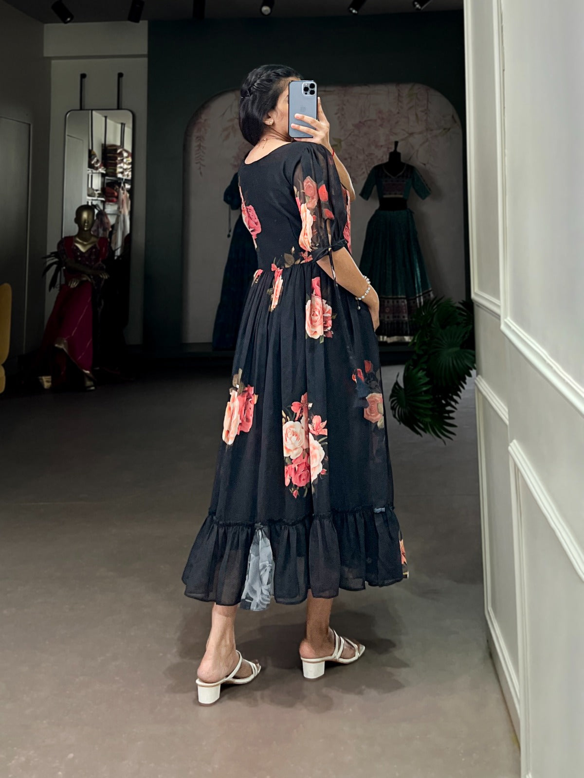 Summer Wear Frock in Georgette Fabric with 8 meter flair in black