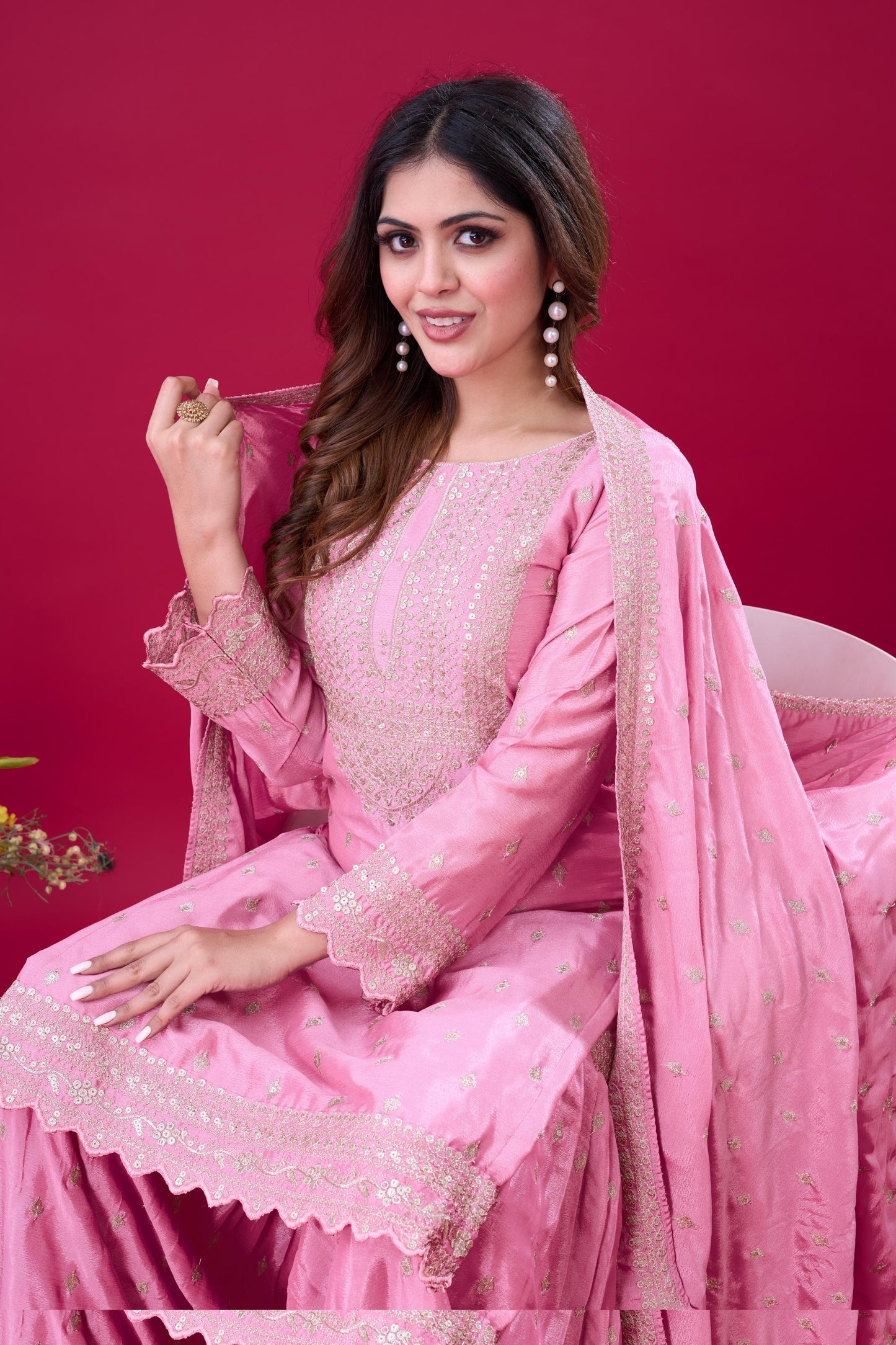 Pink Color Beautiful Partywear Sharara Suit in chinon fabric