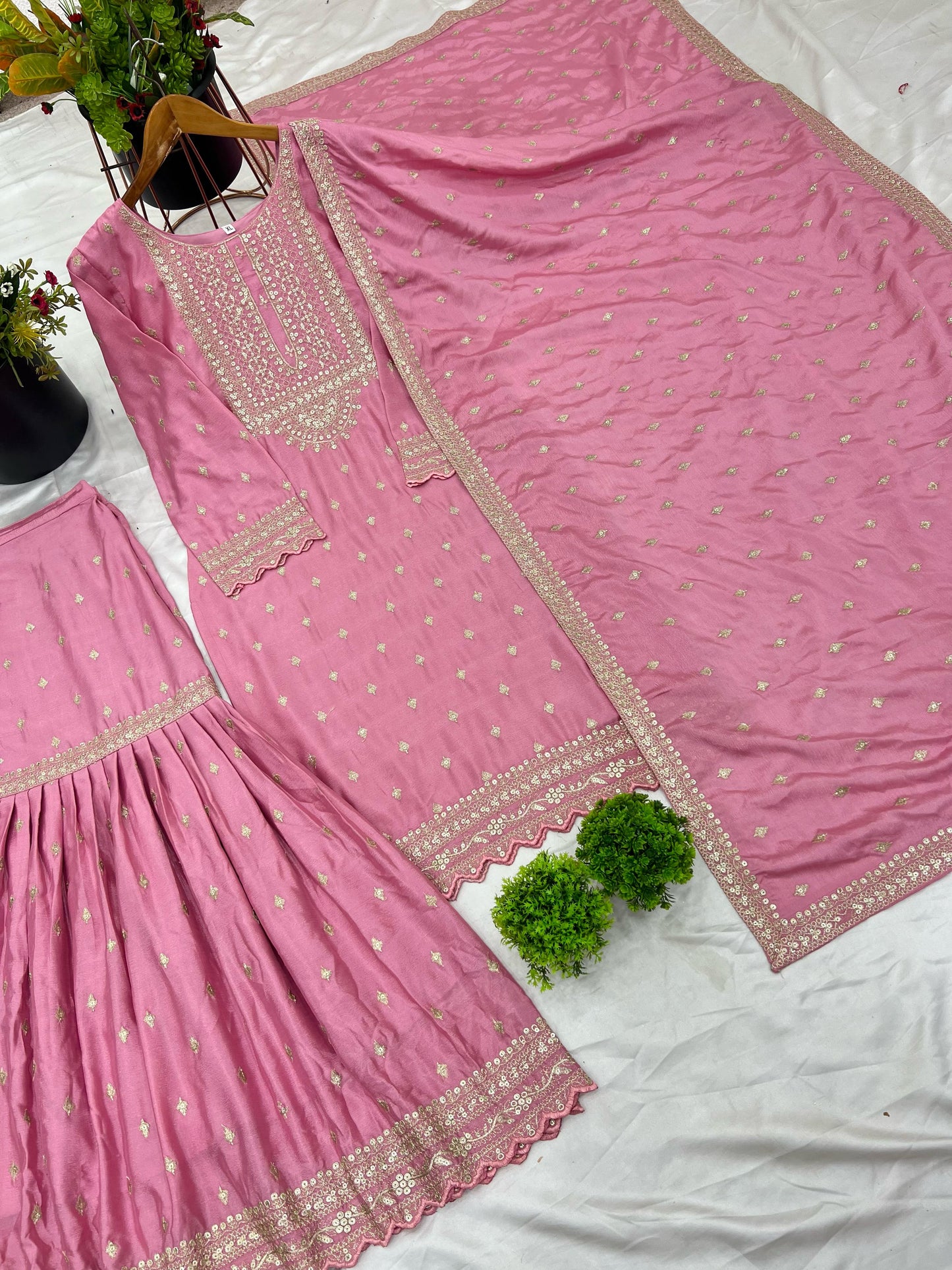 Pink Color Beautiful Partywear Sharara Suit in chinon fabric
