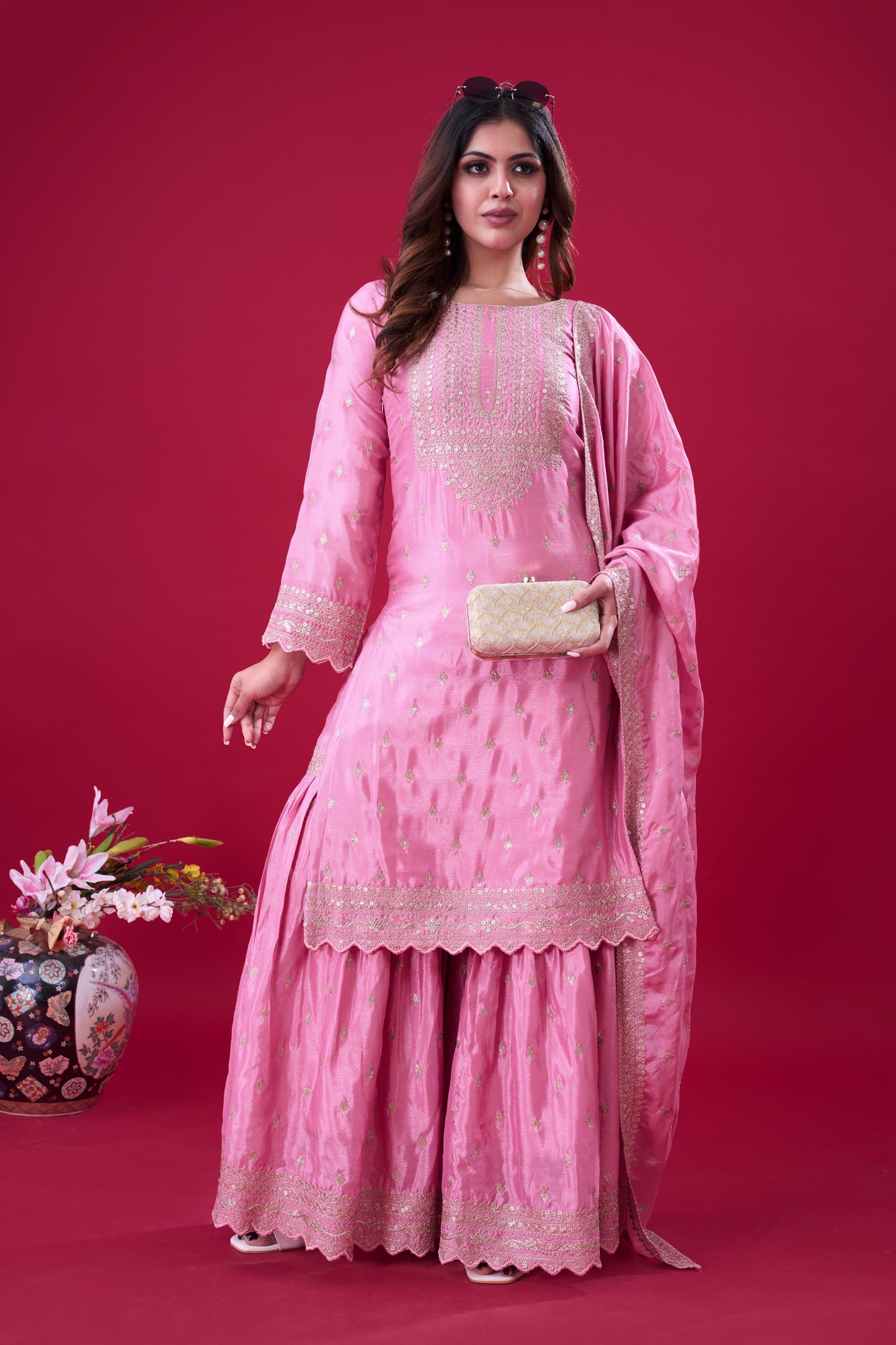 Pink Color Beautiful Partywear Sharara Suit in chinon fabric