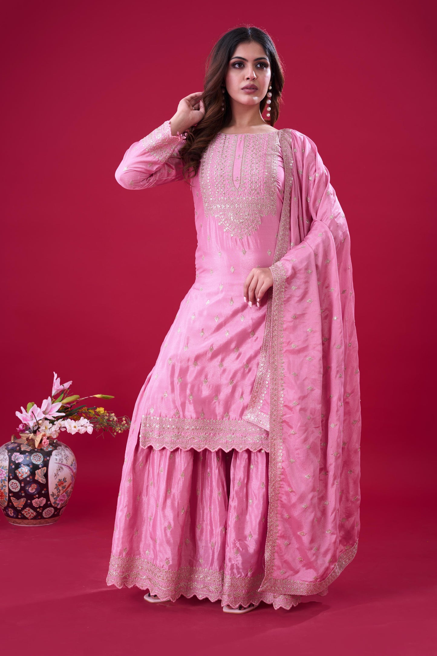 Pink Color Beautiful Partywear Sharara Suit in chinon fabric
