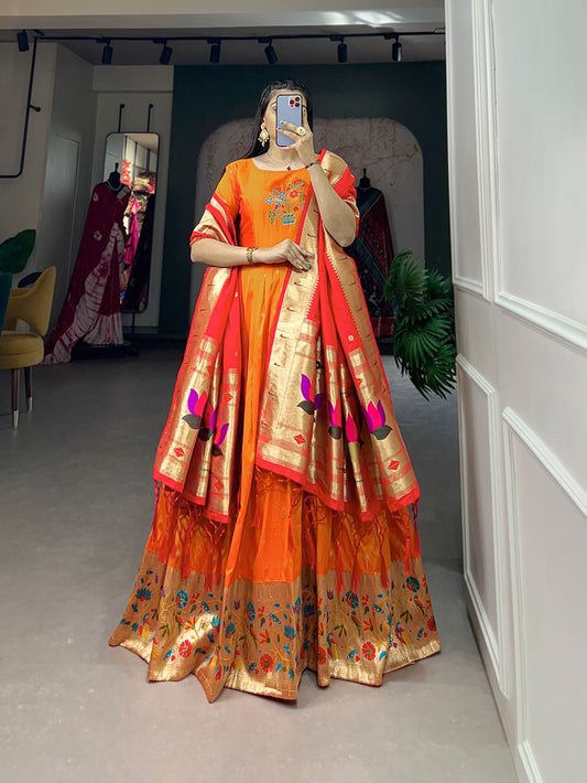 Jacquard Silk Paithani Dress Embodies Timeless Elegance in orange color