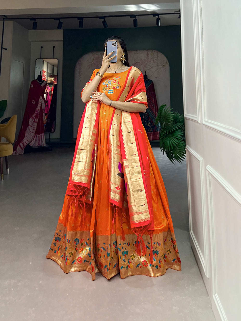 Jacquard Silk Paithani Dress Embodies Timeless Elegance in orange color