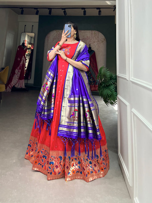 Jacquard Silk Paithani Dress Embodies Timeless Elegance in red color