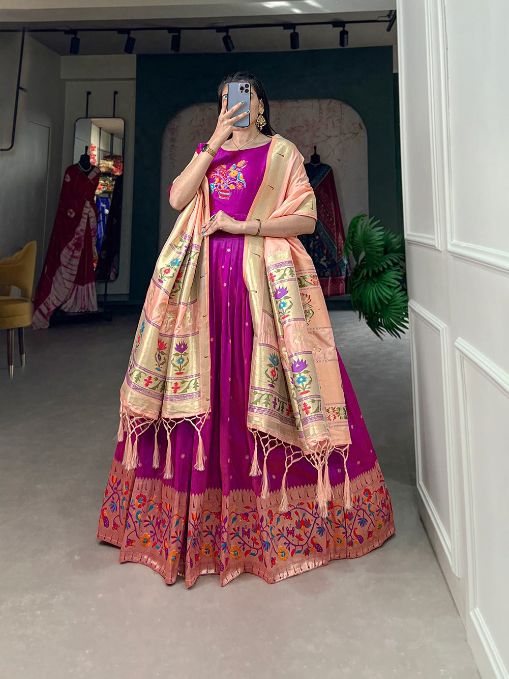Jacquard Silk Paithani Dress Embodies Timeless Elegance in purple color