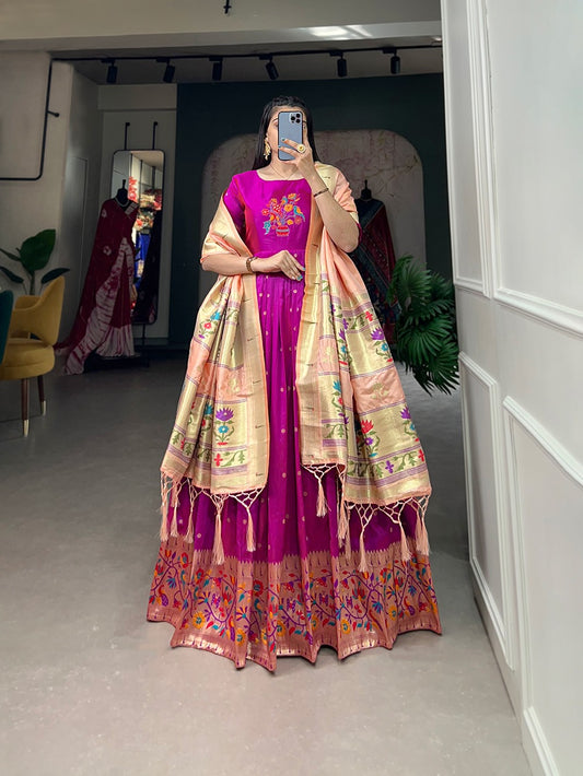 Jacquard Silk Paithani Dress Embodies Timeless Elegance in purple color