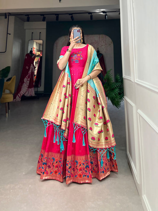 Jacquard Silk Paithani Dress Embodies Timeless Elegance in pink color
