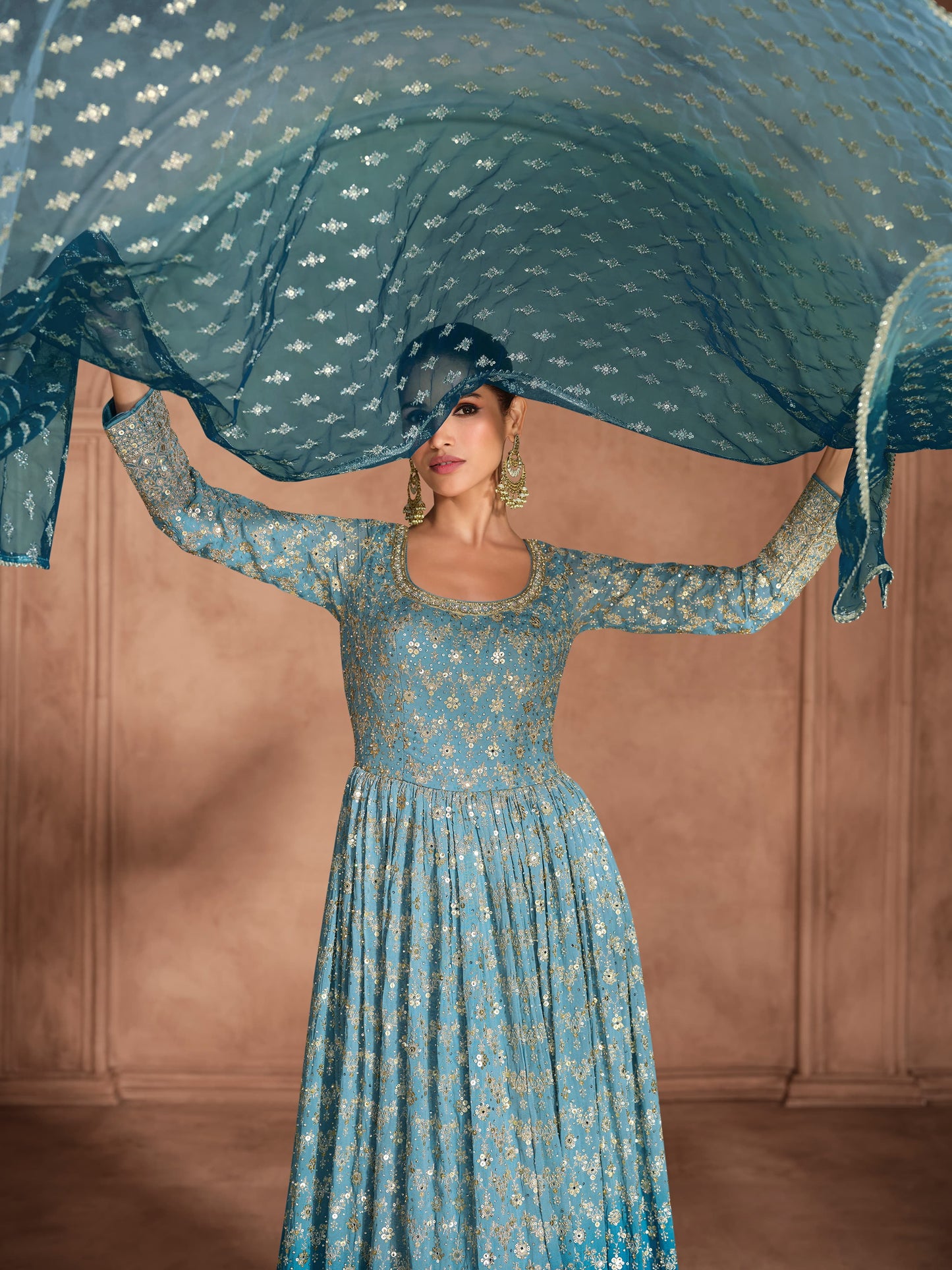 Designer Partywear Dress in Georgette Fabric in blue color