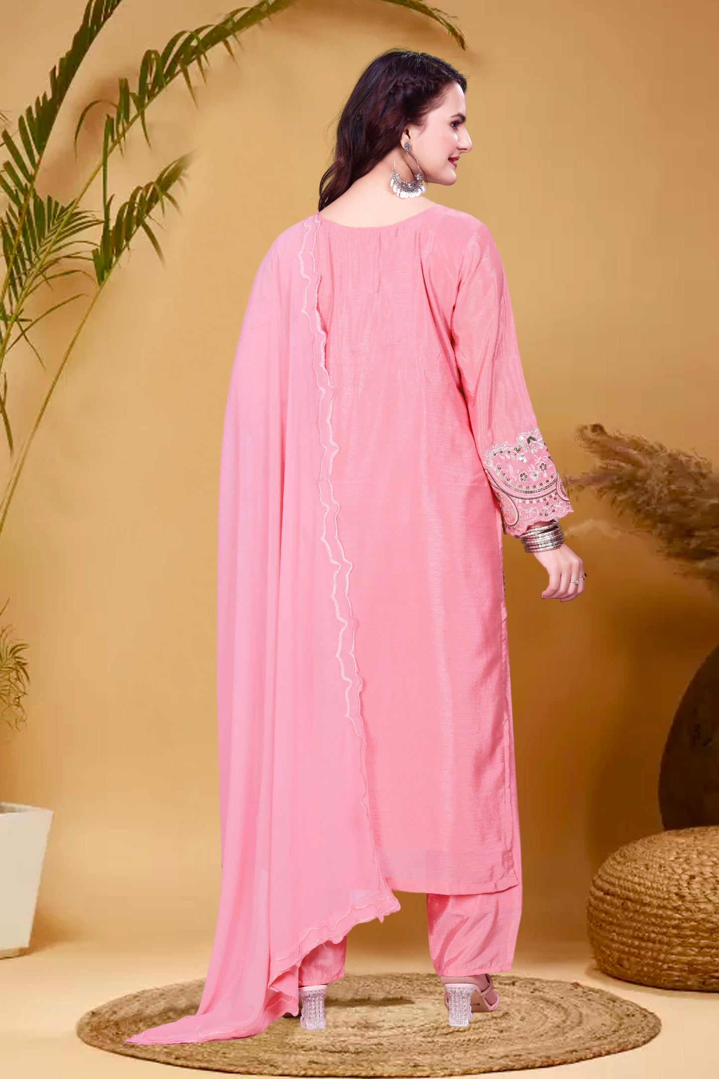 3 Piece Long Kurti With Bottom And Beautiful Dupatta in pink color
