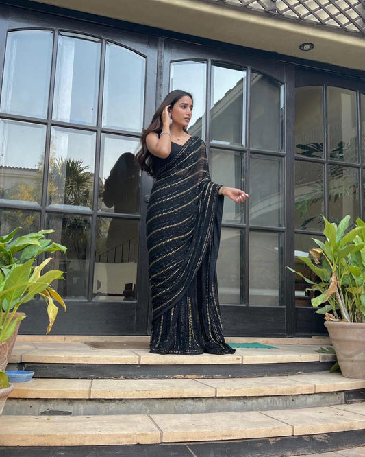 Black Color Sequence Saree in Georgette Fabric