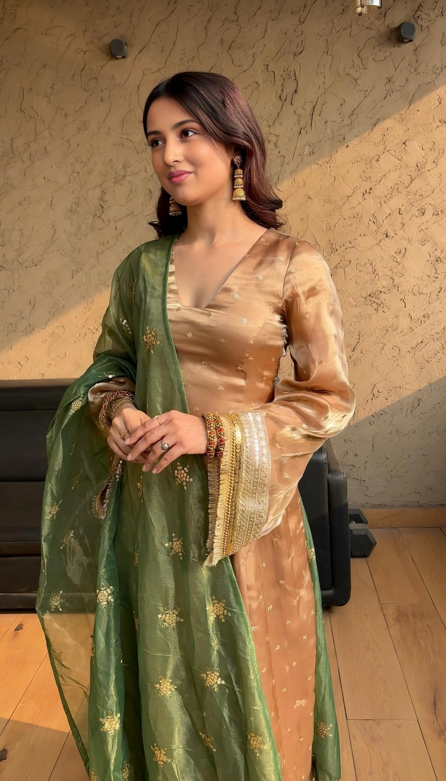 Chiku Color Beautiful Dress in Jimmy Choo Fabric with double dupatta