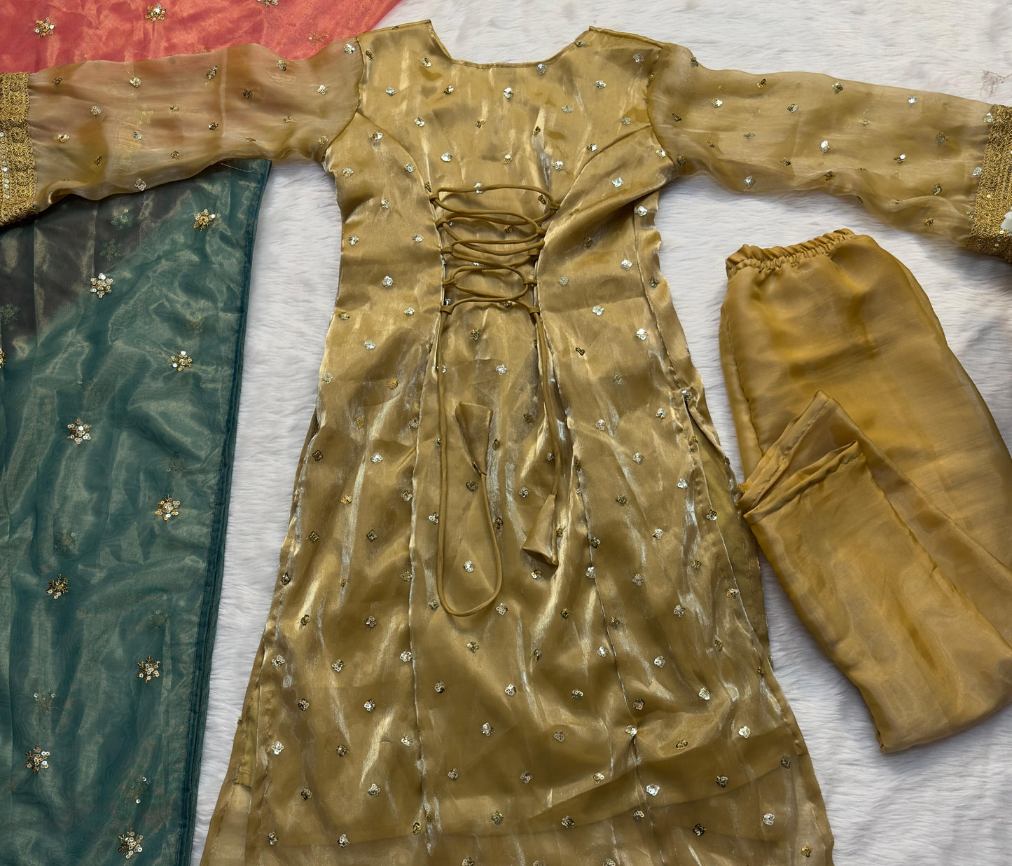Chiku Color Beautiful Dress in Jimmy Choo Fabric with double dupatta