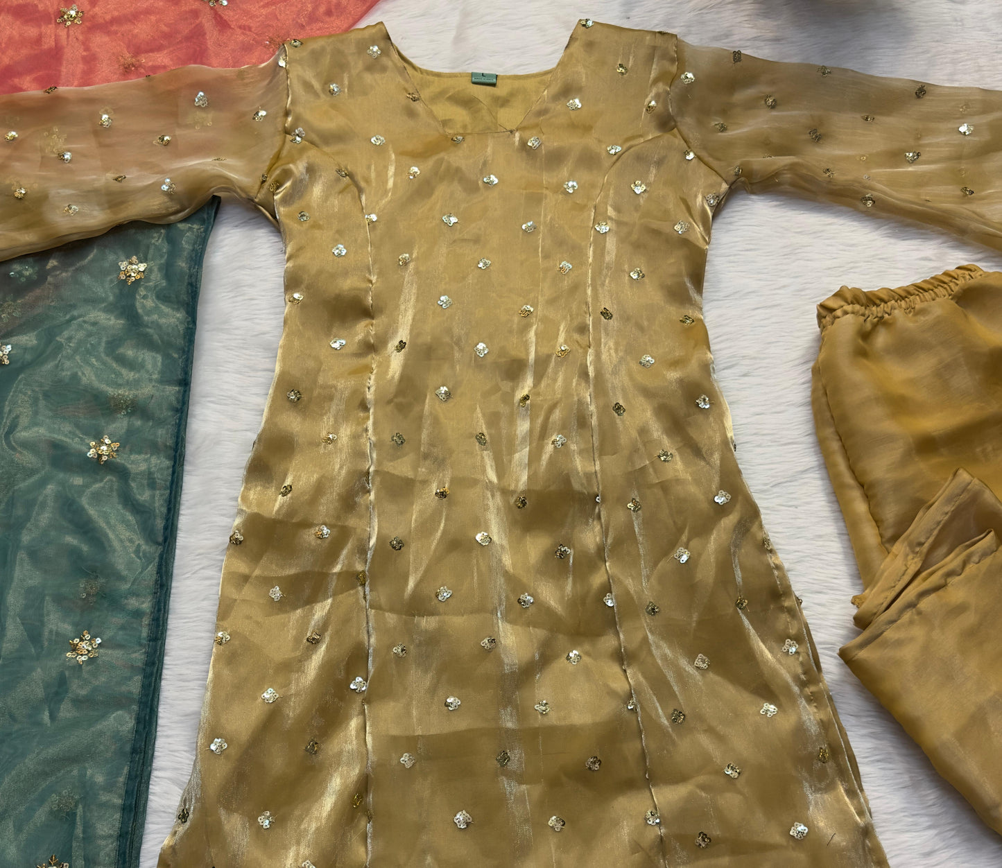 Chiku Color Beautiful Dress in Jimmy Choo Fabric with double dupatta