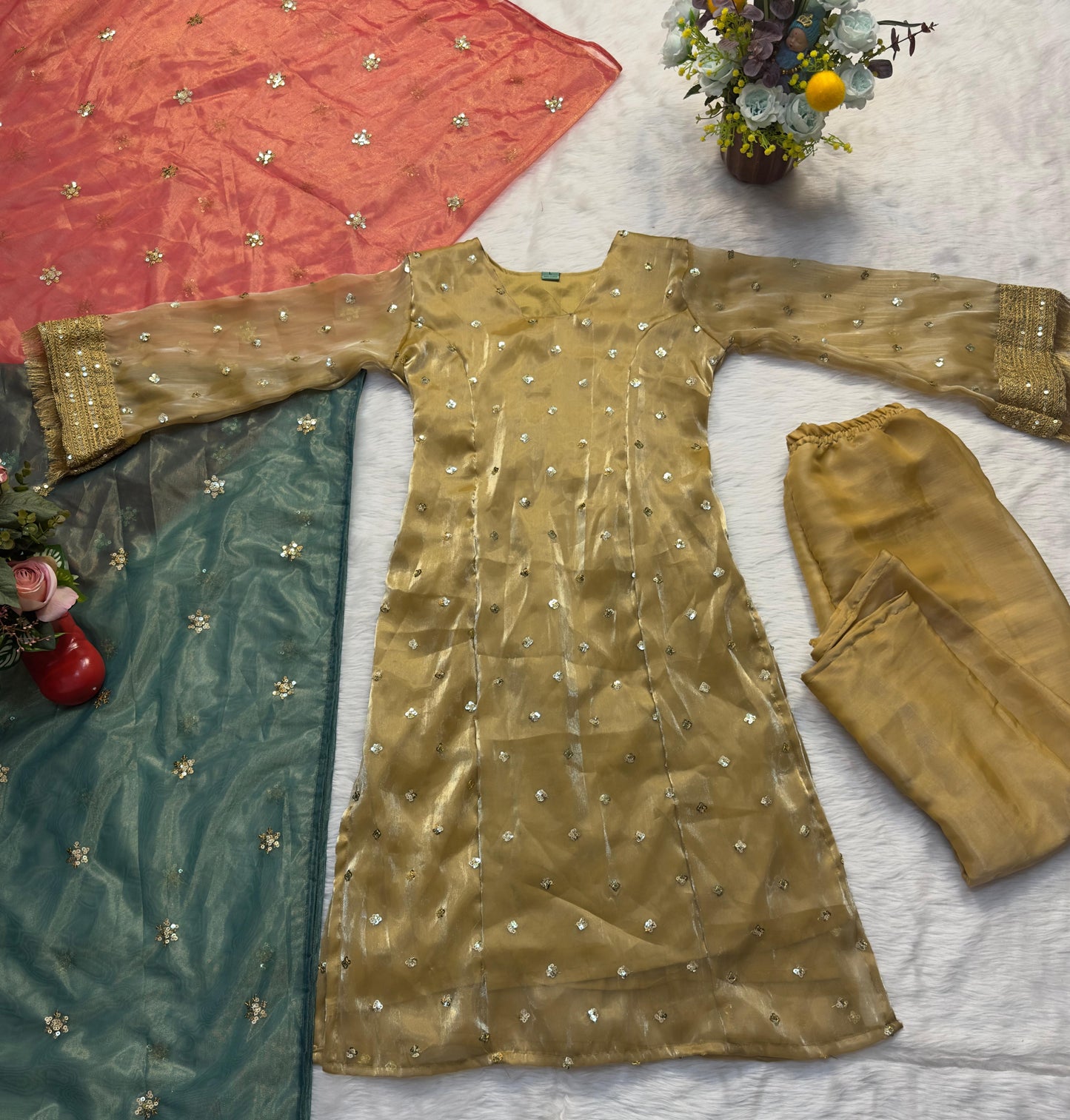 Chiku Color Beautiful Dress in Jimmy Choo Fabric with double dupatta